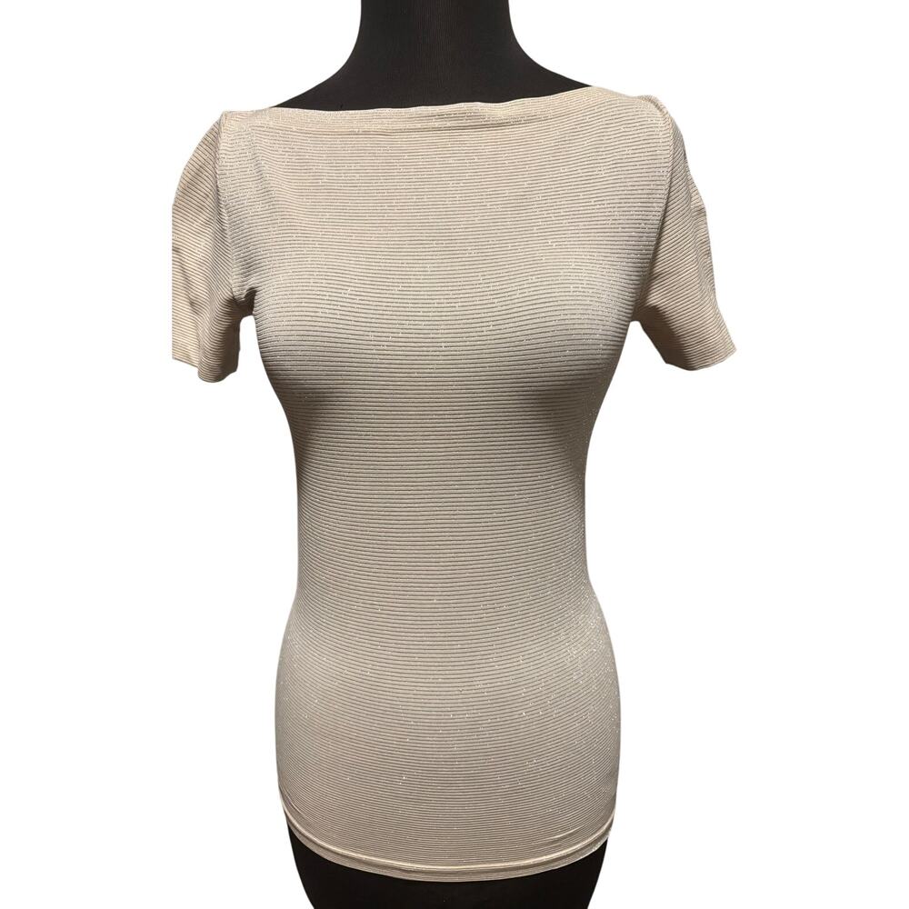 Victoria Secret Metallic Sheer Cream Vintage Stretch Short Sleeve Top Sz S/M